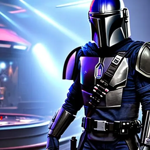 Prompt: Professionally illustrated art of a Mandalorian, Professional, UHD, HDR, 64K, highly detailed, holding an alien drink at a nightclub in space