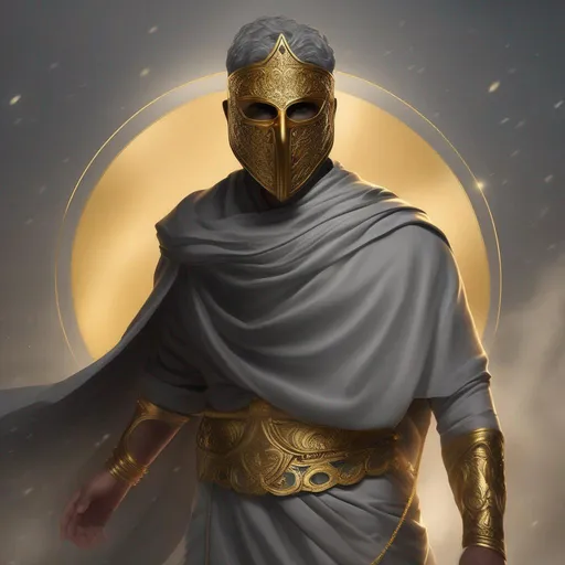 Prompt: A Human Male with deathly gray skin, in a toga, wearing a face covering golden mask