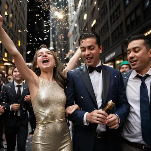 Prompt: One Girl and one men opening champagne bottle in a party. Confetti falling down. At might. Downtown new York. Outside on the street. 