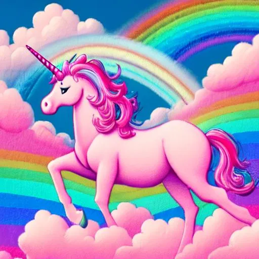 Prompt: A pastel pink colored wallpaper with small pictures of unicorns, rainbows, and clouds embroidered everywhere, 4K resolution