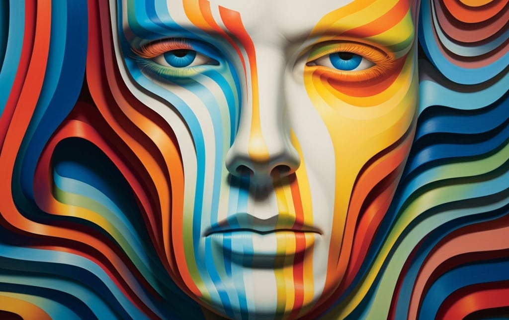 Prompt: an art work of a man with a face cut into a colorful striped background, in the style of paul corfield, illusory effects, anna dittmann, innovating techniques, retro filters, free-flowing lines, emotive faces