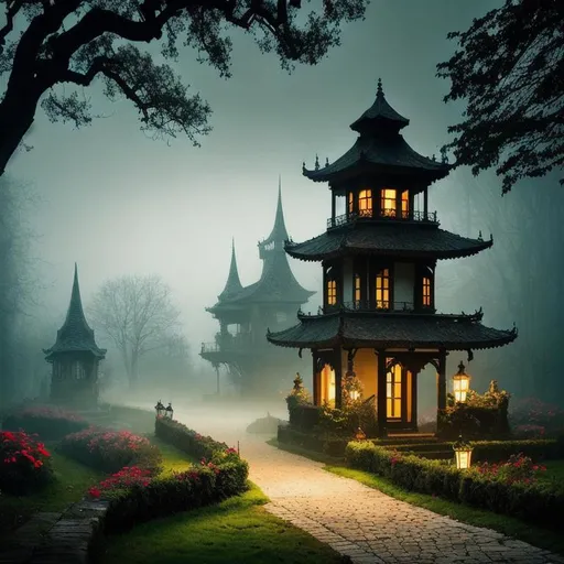 Prompt: Mystical photo of a surreal landscape, garden, lantern, cute house, enchanting, foggy ambiance, mysterious lighting, dark tones, gothic aesthetic, hauntingly beautiful, trending on art platforms, art by dark fantasy artist.