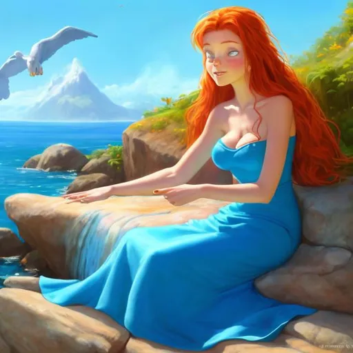 Prompt: Adult Mermaid on land , showing off her human legs, Showing off her human feet , 5 toes correctly,  (full body view) , Wearing a blue dress, sitting on the rocks , Gives a five year old boy a hug with love 
