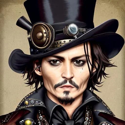 Prompt: Johnny Depp as a steampunk man dressed in black, tophat, closeup