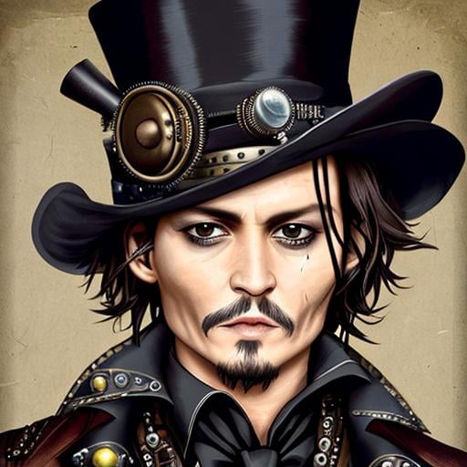 Johnny Depp as a steampunk man dressed in black, top... | OpenArt