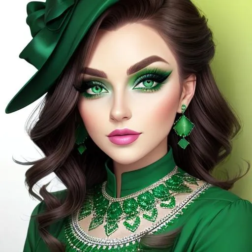 Prompt: A woman all in green, green eyes, pretty makeup