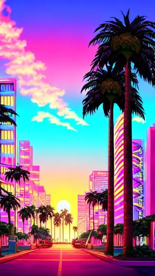 vaporwave city, neon lighting, beautiful sunset, pal...