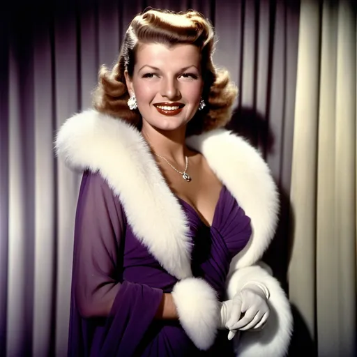 Prompt: Actress Rita Hayworth wearing a violet long dress and white furs, smiling in glamorous style reminding the 1940's
