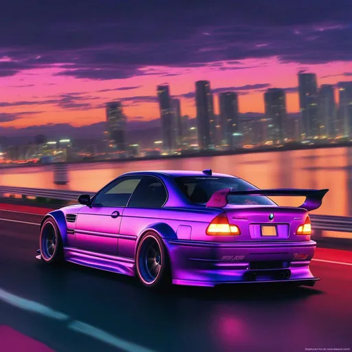 Prompt: 2001 BMW M3 E46 GTR, synthwave, aesthetic cyberpunk, miami, highway, dusk, neon lights, coastal highway, dusk, neon lights, coastal highway, sunset, drift, nurburgring, water on the road