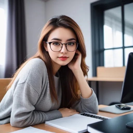 Prompt: Girl’s dorm room, shy lonely self conscious 19-year-old girl, atmosphere of sadness, in skirt and sweater, taking selfie while sitting at desk.  Cute and slim with glasses. Detailed face and expression, atmosphere of feeling alone