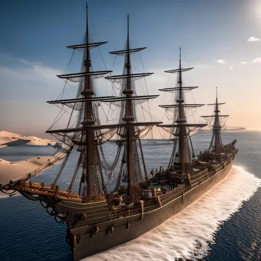 Prompt: cinematic lighting, there is no sea instead of sand dunes, water drawn from sand, water is made of sand, hyper-realistic 4-masted battleship from the 18th century side view, numerous guns, volleys, smoke cloud, beautiful sails raised, 8K