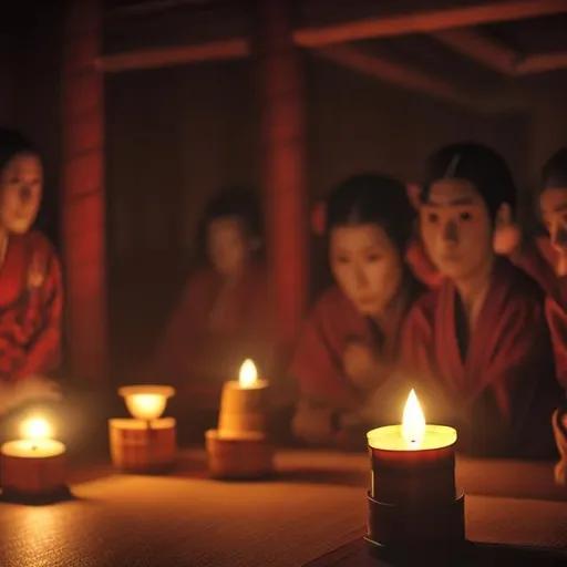 Prompt:  Soft candlelight flickers, casting gentle shadows across the tatami floor and illuminating the faces of the devout.