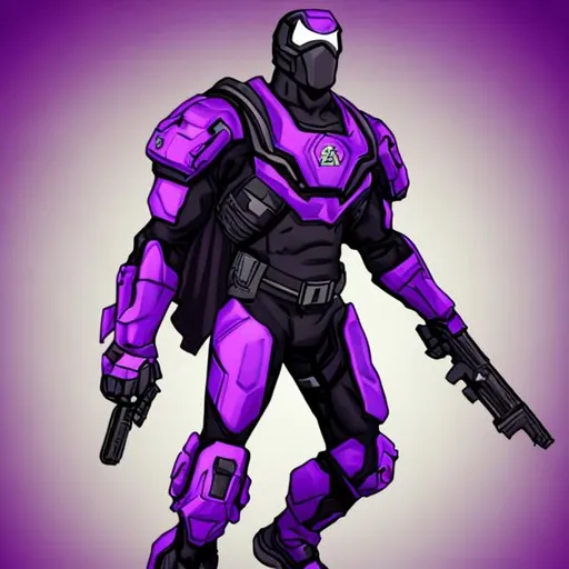 Prompt: The black guy wear purple with blue super hero suit and he got gun he wears eye mask in purple 