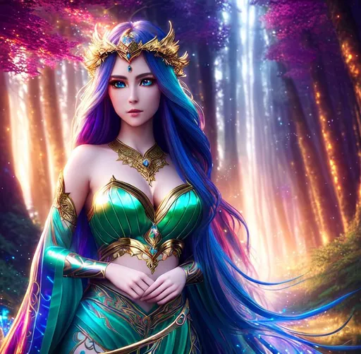 Prompt: Epic, Fantasy, Vivid, 3D HD Beautiful [{one}{Goddess}Female wearing {liquid}silk (green red gold silver blue), Beautiful and Gorgeous, Beautiful big reflective eyes, long flowing hair, beautiful hands]::2, sparkle hearts, intricate detail, cinematic lighting, expansive magical forest background, hyper realistic, 8K --s98500