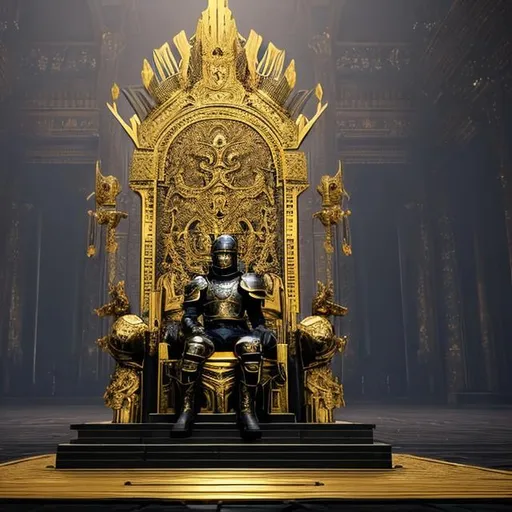 Prompt: A men sitting in black armor on a golden throne In a huge palace
