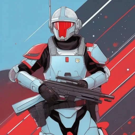 Prompt: From distance. Whole body. Full figure. A Swedish scifi soldier in 20th century armor. He wears a Swedish helmet on the head. a visor on the eyes. Light Blue space uniform. Red details. He wields a rifle. In background a Space Cylinder. Anime art. Rpg. Anime style. Akira art. 2d art. 2d. Well draw face. Detailed. Whole figure. Full body. 