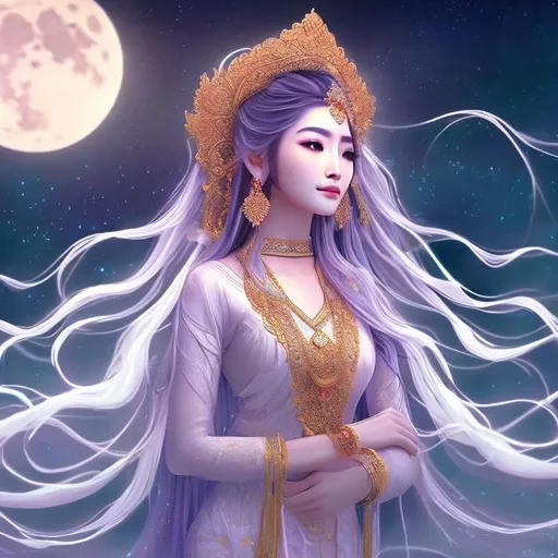 Prompt: A beautiful and ethereal moon goddess with long hair depicted In traditional Thai attire standing in the flowing wind behind the full moon in the artstyle of digital art and anime