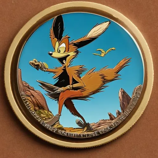 Prompt: Wile E. Coyote, Roadrunner, coin, surprise me