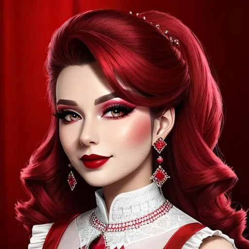 Prompt: Ruby lady, all in red, pretty makeup, elegant, nice clothes, facial closeup
