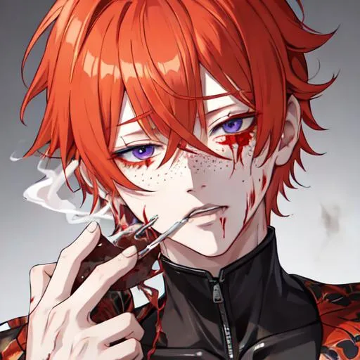 Prompt: Erikku male adult (short ginger hair, freckles, right eye blue left eye purple)  UHD, 8K, insane detail anime style, covered in blood, psychotic, covering his face with his hands, face covered in blood and cuts, blood highly detailed, smoking a cigarette 