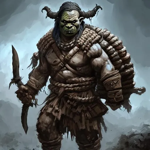 Prompt: An Orc Barbarian carrying a large weapon with a netted sack full of human heads tied around his waist.