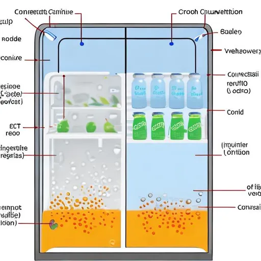 Prompt: A diagram showing the Cooling and Chilling of beverages using Convection and Conduction in a refrigerator 