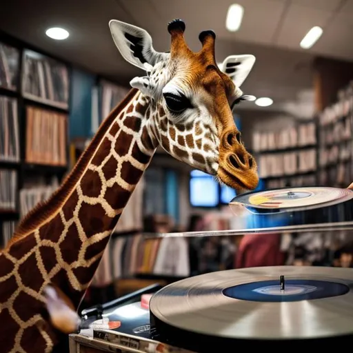 Prompt: Vinyl records being perused by a giraffe