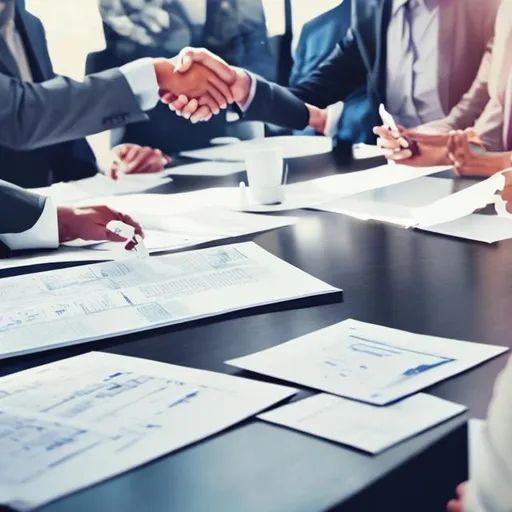 Prompt: A handshake, image of a sample advance payment guarantee on the boardroom table. Artistic impression of a mega project on the boardroom table.

