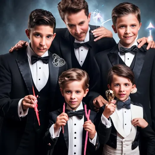 Prompt: Family of four magicians all warring tuxedos with bow ties casting magic spells with their magic wands