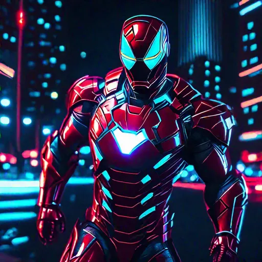 Prompt: Close-up shot of Ironman cyberpunked as superhero with Spiderman suit in Metropolis city, 8k, HD, night theme, neon color 
