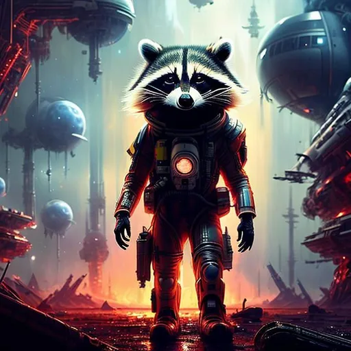 Prompt: An anthropomorphic raccoon in a badly damaged space suit standing near a devastated drop ship.gigantic red crystal pillars,thick atmosphere,alien eniviroment,very detailed,well made,award winning,moody lighting,sci-fi.