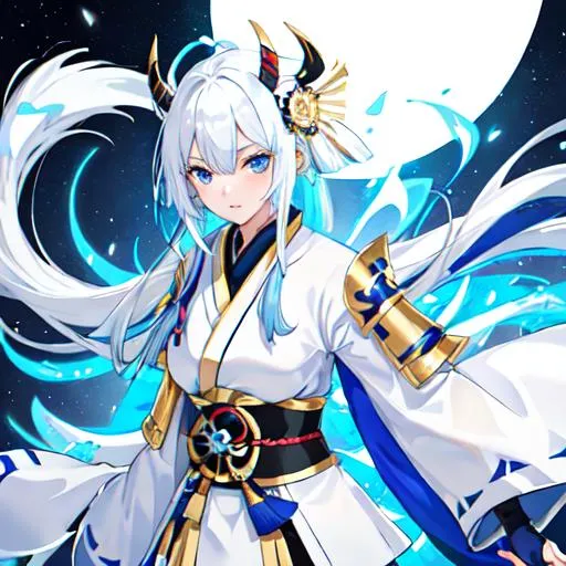 Prompt: White and blue hair samurai beautiful woman with kyubi mask and blue horns wearing gold and black armor