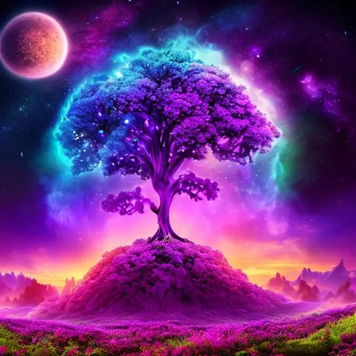 Prompt: Floating island with pointed bottom and forest green grass in space with a purple mist and tree on top of it. Colorful purple blue indigo. Galaxy. Stunning. Forest green tree. Small floating island big Jupiter like planet in top left corner. The tree is formed in a circle like tree. Only one tree on the floating island 