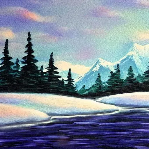 Prompt: Bob Ross style snowscape with a cabin