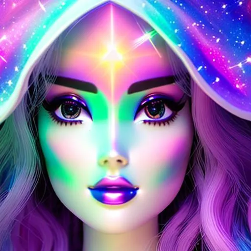 Prompt: White prism, cosmic,etherial, fairy, goddess of light Barbie doll face ,closeup