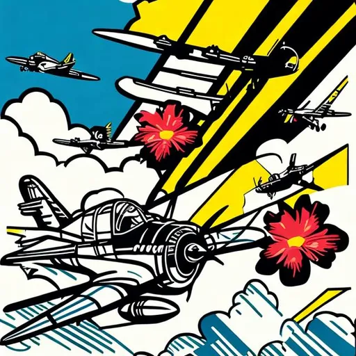 Prompt: 2 color flowers and airplane fighter in roy lichtenstein style 

