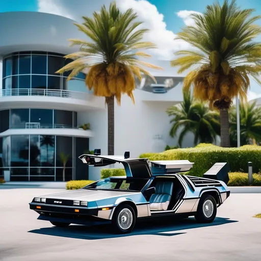 Prompt: A hovercar that looks like an F1 race car DeLorean Humvee Fusion, is parked outside, parking lot, Space Miami Background, Planets visible in the background, Palm Trees, {{{masterpiece}}}, UHD, 4K, 