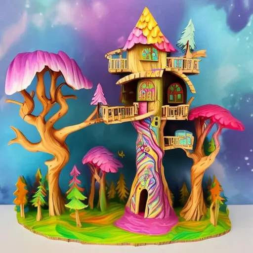 Prompt: Lisa frank style of tree house diorama 