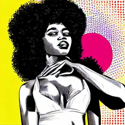 Prompt: black woman with huge afro hair
 in pop art style
