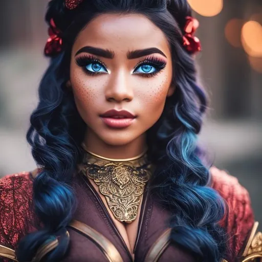 Prompt: An Attractive Dwarf Women {Dark Skin, muscular, black hair with red highlights, freckles, blue-within-blue colored eyes}, transparent clothing, Vintage aesthetic, 