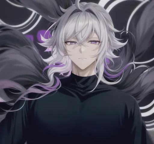 Prompt: anime men that haves white hair and purple eyes and 2 black curly horns and the background  and is night and dark background