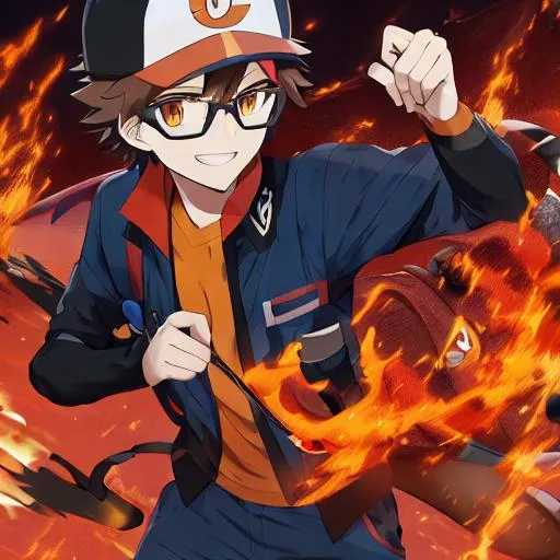 A POKéMON Trainer with a red jacket on a black T-shi