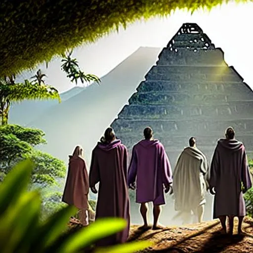 Prompt: A group wearing Jedi robes in a jungle, and in the distance is an Incan-style pyramid, cinematic lighting photo-realistic