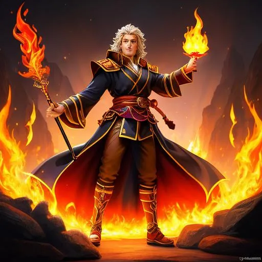 Prompt: Full-body detailed masterpiece, fantasy, high-res, quality upscaled image, perfect composition, head shot, subject of this image is a fire Gensai from dungeons and dragons with their left hand holding a small flame, and a wizard staff being held by their right hand. , athletic torso, 18k composition, 16k, 2D image, cell shaded, athletic torso, desert dunes night time background, red fire aura, desert, night, arcane