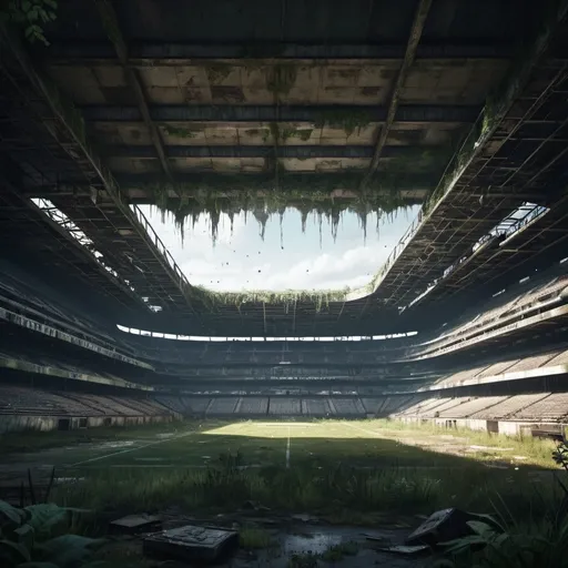 Prompt: Desolate football stadium in 'The Last of Us' style, overgrown with vegetation, post-apocalyptic, gritty atmosphere, high quality, detailed, overgrown vegetation, eerie lighting, post-apocalyptic, abandoned, decaying, desolation, gritty, overgrown, atmospheric, apocalyptic, realistic, detailed, intense, haunting, atmospheric lighting