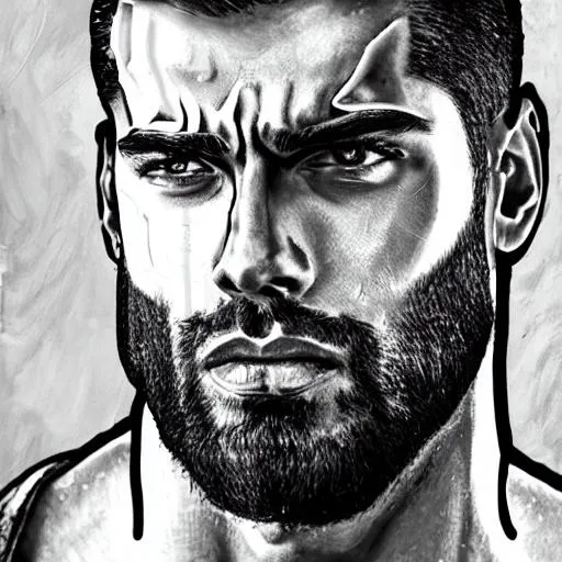 Prompt: high-definition painting of gigachad, chiseled jawline, buff, black and white