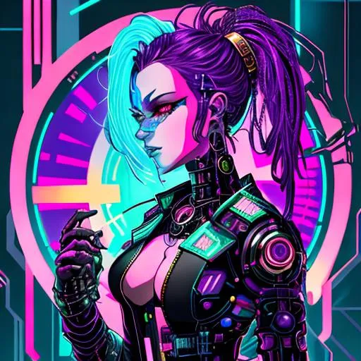 Prompt: Make a image of a cyberpunk version of a classic fairy tale character, using a vibrant color palette of bs mind as a network of connected thoughts, using a limited color 'palette of blues, purples and gold