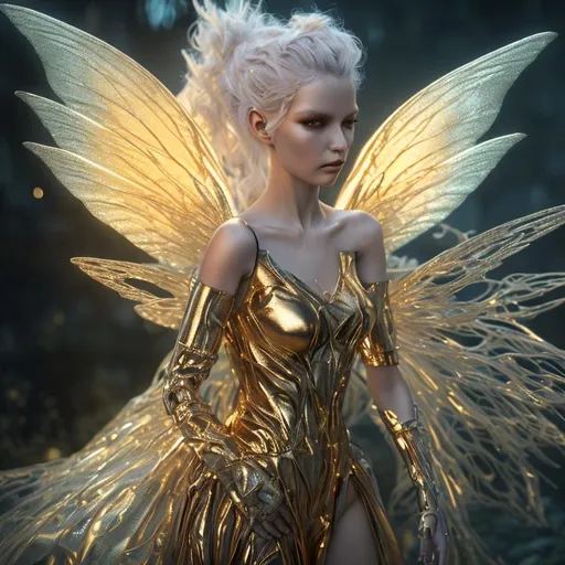 Prompt: A cyber metallic fairy, dark fantasy, hyperrealistic 4K, soft golden glow