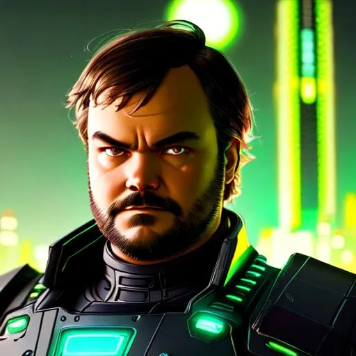 Prompt: CREEPY Android man , Jack Black, Pixar Style Eyes, Glow in Hair, intricately flowing short hair, Fat Cyborg YELLOW GLOW Body, Intricate GREEN metal lace body armor, 50mm (((face))), Cyberpunk Hill in the background, cinematic Shot, intricate details, Cinematic lighting, Soft light, ornamental artwork by Tooth wu and Beeple, insane details, photorealistic 