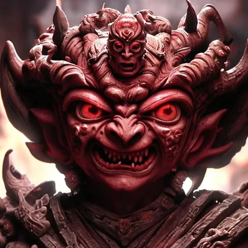 Prompt: asura with three heads with three faces each and either four or six arms , red big devil eyes, fearsome looks, too scary looking

